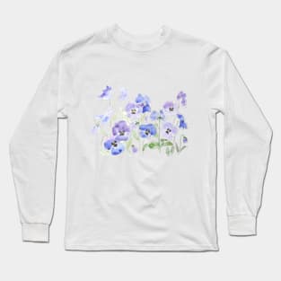 blue and purple pansy ink and watercolor Long Sleeve T-Shirt